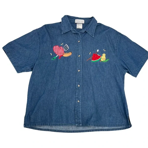 Denim Chambray Button Down Shirt with Picnic Embroidered Details - Picture 5 of 6